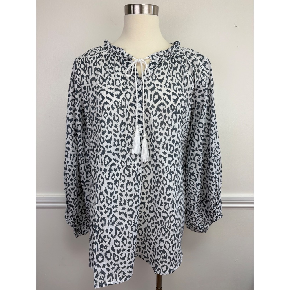 Emerson Fry India Collection Bardot Top Charcoal Leopard Organic Cotton Size M